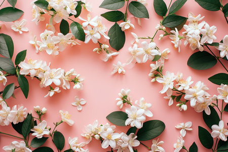 Beautiful White Jasmine Flowers on Pink Background, Top View, Flat Lay with Copy Spaceの素材