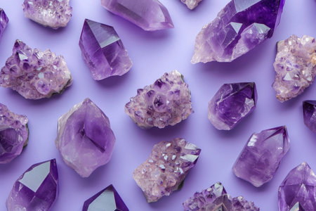Beautiful Amethyst Crystals on Vibrant Purple Background, Gemstone Healing Energy and Spiritual Harmony Conceptの素材