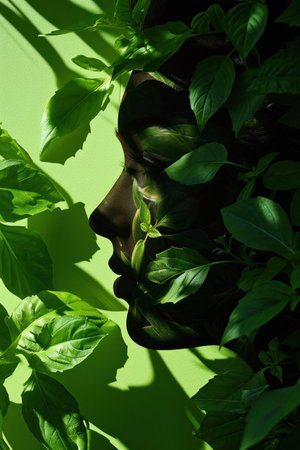Womans face surrounded by lush green plants on bright green background, natural beauty conceptの素材