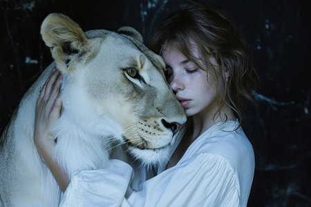 Tender Moment Woman Embracing White Lion with Love and Lioness in the Backgroundの素材