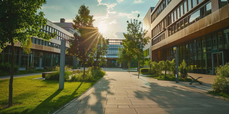 Pedestrian walkway in front of contemporary building surrounded by trees with sun shining in backgroundの素材