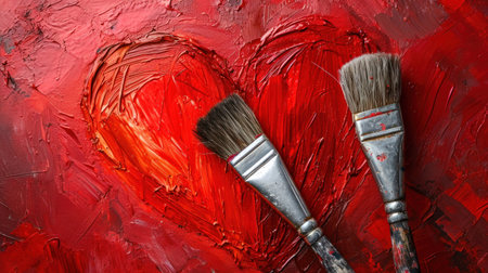 Two paint brushes with heart shape on red background, symbol of love and creativity in artの素材
