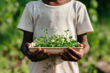 Young boy holding tray of small plants in hands with green field in background under clear blue skyの素材