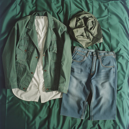 Casual Outfit with Jeans, Jacket, and Hat on Green Blanket in Natural Lightingの素材