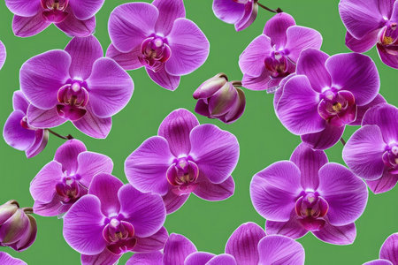 Elegant pattern of purple orchids on a vibrant green background, ideal for nature and floral themed designsの素材