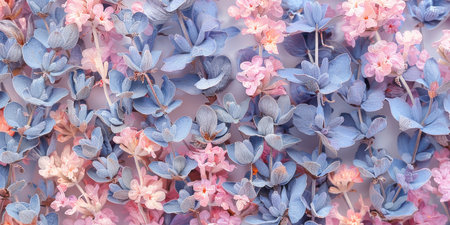 Beautiful blue and pink flowers hanging on a wall against a matching background, creating a stunning floral displayの素材