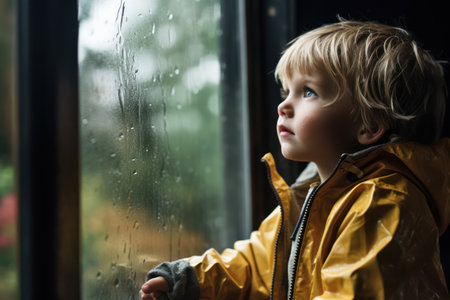 Lonely girl watching raindrops on the window with a sad expression, longing for warmth and company, against a cold and gloomy autumn day.の素材
