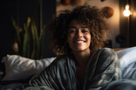 Happy Young Woman, Attractive and Cheerful, Relaxing on a Comfortable Bed, Enjoying a Candid Moment Outdoorsの素材