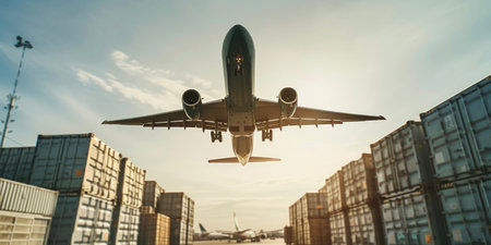 Airplane taking off from airport runway in front of cargo and shipping containers on a sunny dayの素材
