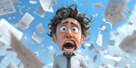Surprised man with wide open mouth surrounded by flying papers in midair illustrationの素材