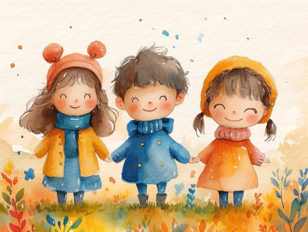 Autumn forest scene with three children holding hands surrounded by leaves and flowersの素材