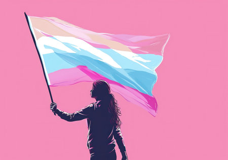 Silhouette of Woman Holding Pink, Blue and White Flag on Pink Background in Feminine Colorsの素材