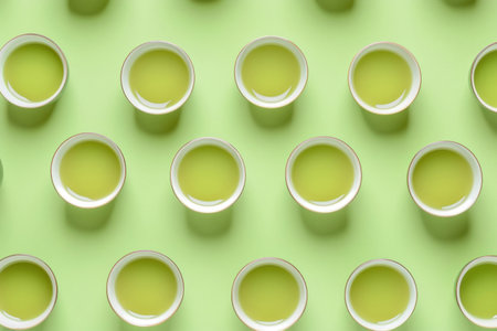 Pattern of Several cups of green tea arranged on green background, top view and it looks beautifulの素材