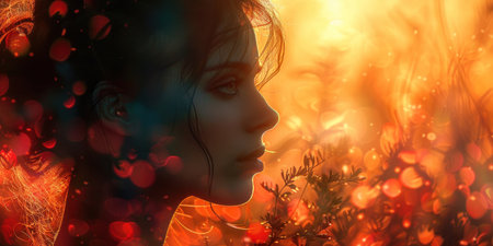 Woman with red flowers in her hair standing in front of fiery sunset landscapeの素材