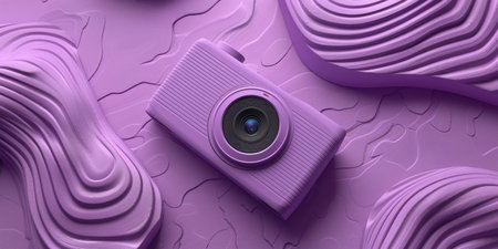 Purple Camera on Top of Abstract Wavy Shapes in Modern Futuristic Composition Conceptの素材