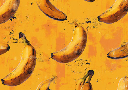 Ripe bananas with artistic black paint splatters on a bright yellow backgroundの素材