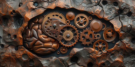 3D ing of a human brain with intricate gears and cogs in the center, symbolizing complex cognitive processesの素材