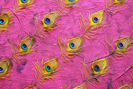 Bright Pink Fabric with Delicate Yellow and Green Peacock Feathers CloseUp Texture Background Pattern Designの素材