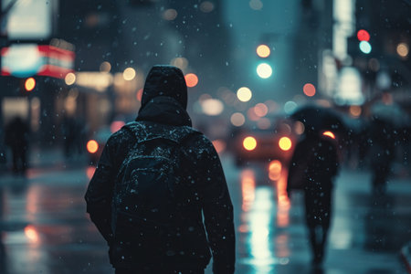 Person walking down raindrenched street at night, holding umbrella in hand, illuminated by streetlightsの素材