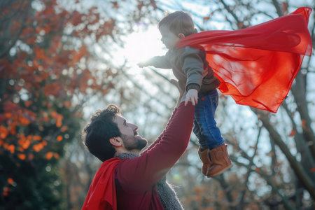 Happy father holding his young son with a red cape up in the air in a moment of joy and playfulnessの素材