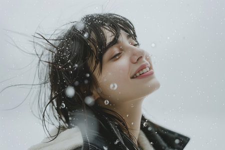 Happy woman enjoying winter snowstorm with her hair blowing in the windの素材