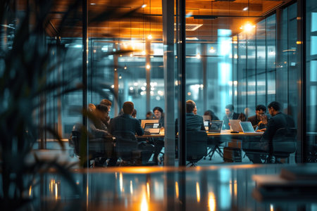 Group of people having a meeting in a modern conference room with glass wall and tableの素材