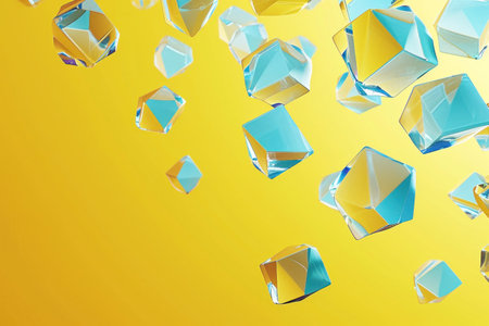 Floating Blue and Yellow Glass Cubes on Vibrant Yellow Background with Airy Composition and Modern Aestheticsの素材