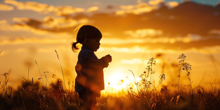 Beautiful Sunset Silhouette of a Young Girl Standing in a Field at Dusk with the Sun Setting Behind Herの素材