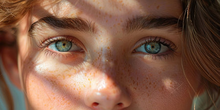 Closeup portrait of a woman with freckles on her face and beautiful blue eyes, natural beauty conceptの素材