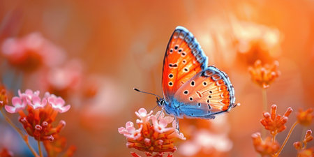Butterfly perched on flower against colorful sunset sky background in nature, symbolizing beauty and tranquilityの素材