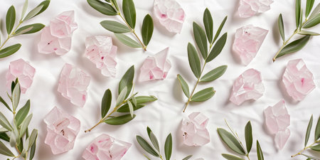 Beautiful Arrangement of Pink Flowers and Leaves on White Surface with Green Foliage Backgroundの素材