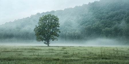 Solitary Tree in Misty Grass Field on Foggy Day Serene Nature Landscape with Lone Tree Standing Strongの素材