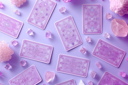 Mystical Purple Tarot Cards and Crystals on Purple Surface with Pink Backgroundの素材