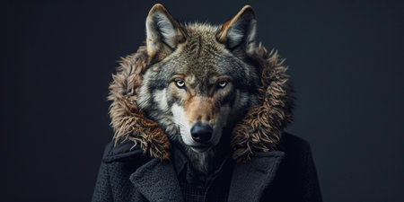 Majestic wolf wearing a coat standing proudly against a dark background in the wildernessの素材