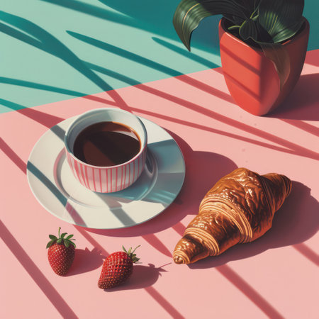 Cozy Morning Delights: A Delicious Breakfast Spread on a Wooden Table with Fresh French Pastries, Croissant, and a Cup of Aromatic Coffee, topped with Sweet Jam and Fresh Strawberries, creating a Relaxing Rustic Atmosphere.の素材
