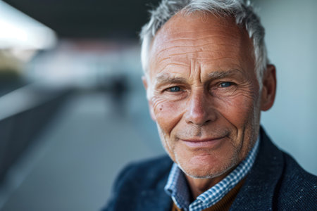 Happy senior man, a confident and successful retired businessman, smiling and looking at the camera with satisfaction, outdoors in a summer backgroundの素材