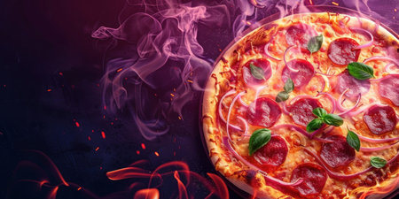 Delicious Pepperoni Pizza with Steam on Dark Background, Tasty Italian Fast Food Conceptの素材