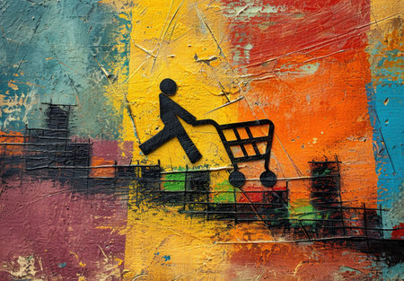 Struggling Man Pushing Shopping Cart Uphill with Cityscape in Background, Urban Life and Everyday Challenges Conceptの素材