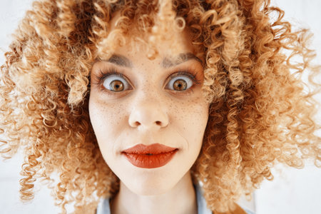 Joyful Beauty: A Smiling Woman with Curly Hair, Wearing Goggles and Trendy Fashion Eyeglasses,...