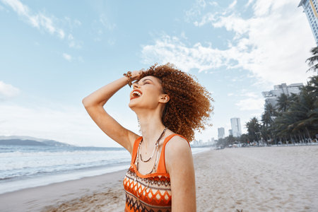 Happy Beach Wanderlust: Smiling Woman with Backpack Embracing the Freedom of Nature