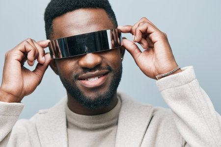 man stylish fashion american jacket style african black model american portrait happyの写真素材