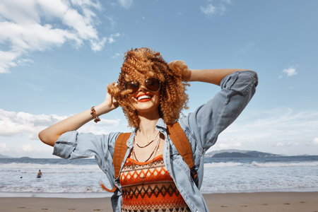 Happy Expression: Pretty Lady Looking Stylish in White Glasses, Enjoying Freedom and Relaxation on a...