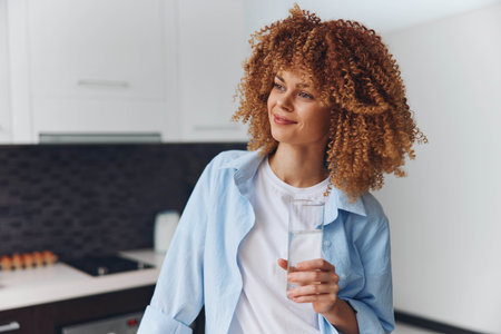 Attractive black woman posing with glass of water in modern kitchen interior at home with green plantsの写真素材