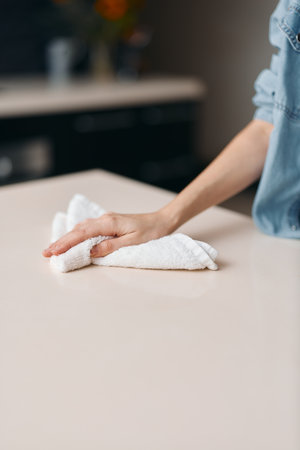 Hygiene Cleaning: A Young Female Cleaner Wiping a Wooden Table with a Rag - Housework and Household...