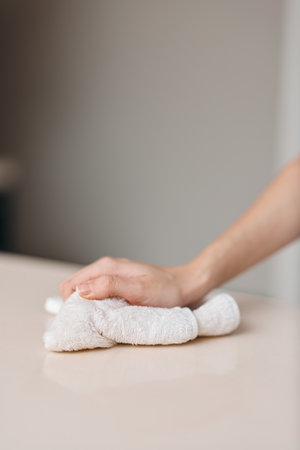 Clean Hands, Careful Hygiene: A Closeup of a Womans White Hand Wiping a Table with a Towel in a Domestic Kitchenの写真素材