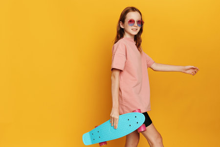 Sunny Skateboard Chic: Stylish and Happy Young Woman Enjoys Leisure Time in Summertime Skate Parkの写真素材