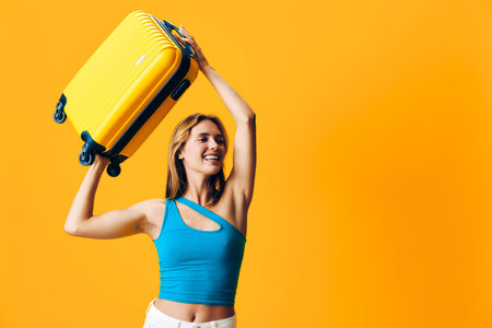 Vibrant woman in blue top joyfully raises suitcase aloft against bright orange backgroundの写真素材