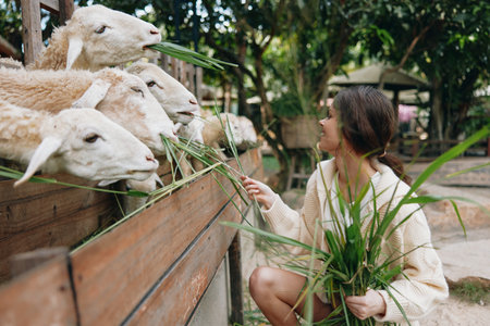 A woman in a bathrobe feeding sheep from a wooden fence with green grass in front of herの写真素材