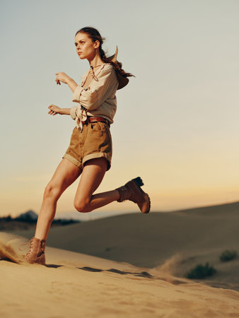 Happy woman running with arms up in sandy dunes with blue sky in backgroundの写真素材