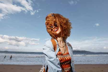 Smiling Woman with Backpack Enjoying a Beach Vacation, Experiencing Freedom and Joy under the Blue...